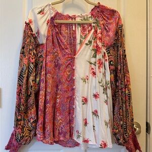 NEW Free People Gemini Patchwork Print Button-Up Blouse Size Small